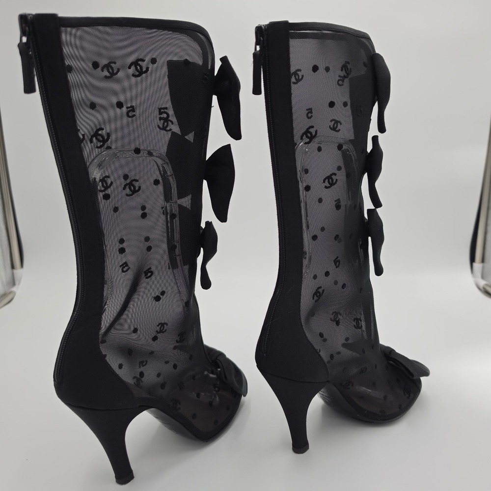 Chanel Black Mesh CC Logo Bow Peep Toe Mid Calf Stiletto Boots 36.5 C Italy - Picture 2 of 10